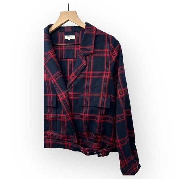 Frnch Paris Plaid Belted Cropped Jacket Notch Lapel Classic Red Blue Small - Picture 5 of 8